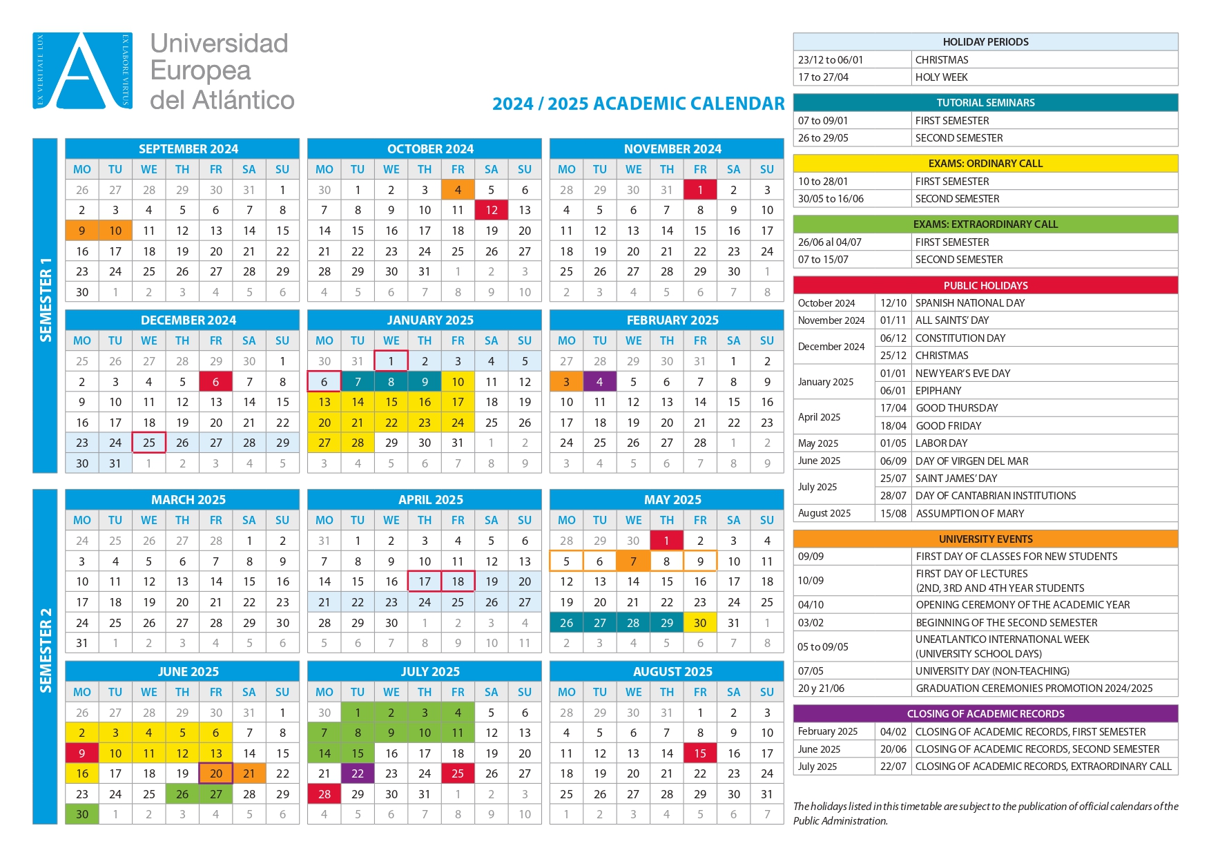 2024/2025 Academic calendar